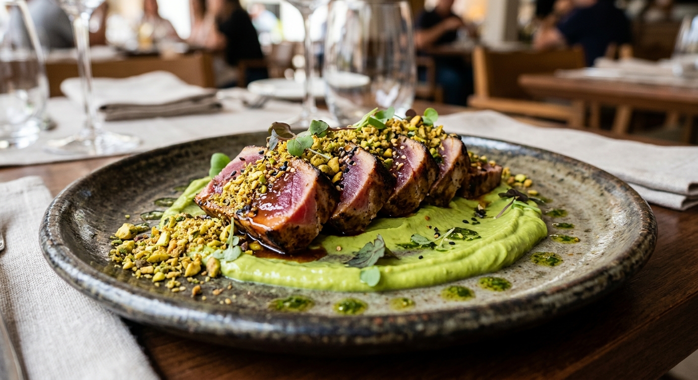 Atum corado, sake e soja, creme de abacate e farofa de pistácio — Tasco da Esquina
