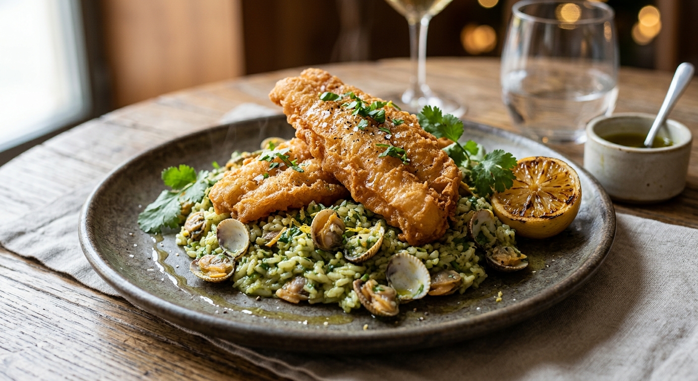 Filetes de peixe frito com arroz de coentros e berbigão — Tasco da Esquina